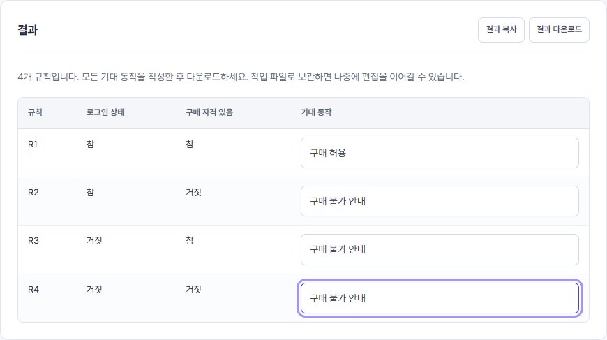 QA Workbench 결정 테이블 작성 예제 결과 화면